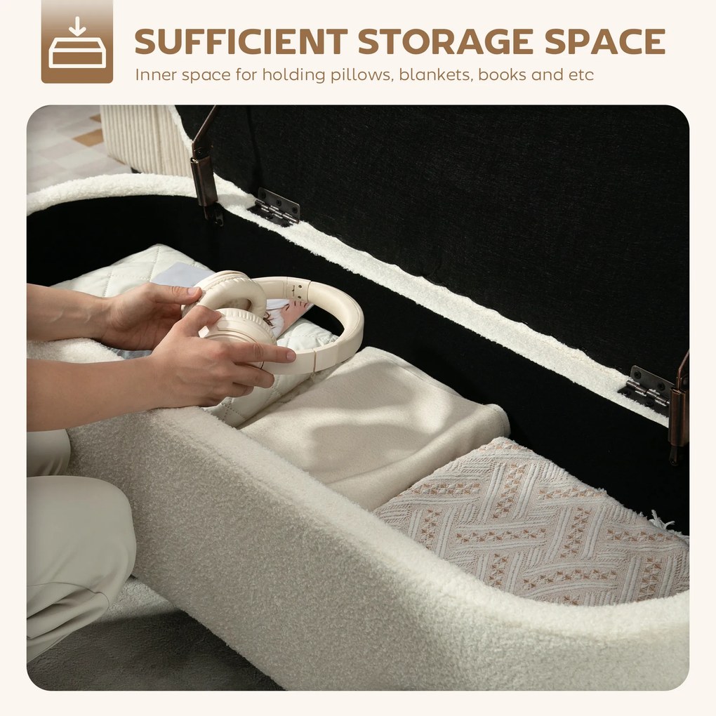 HOMCOM Pufa ze schowkiem, pufa z pokrywą i miejscem do przechowywania, metalowe nogi, pufa tapicerowana z pokryciem fleecowym, Kremowobiały