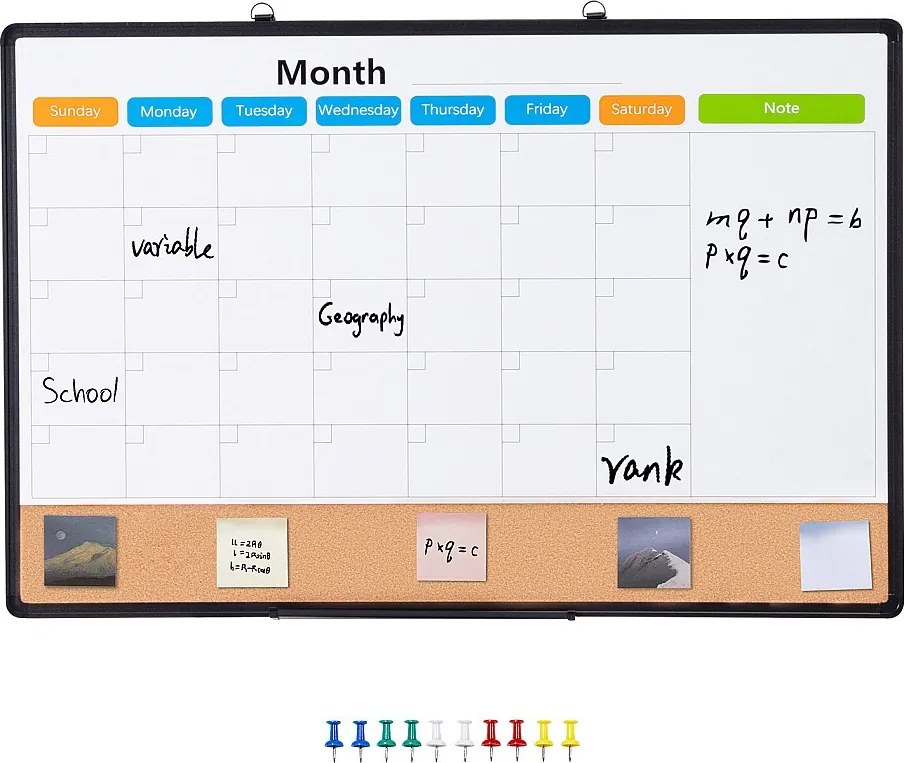 Tablica Korkowa SucceBuy 91,44 cm x 60,96 cm Miesięczny Kalendarz, Tablica Biała i Tablica Korkowa Combo do Domu, Biura