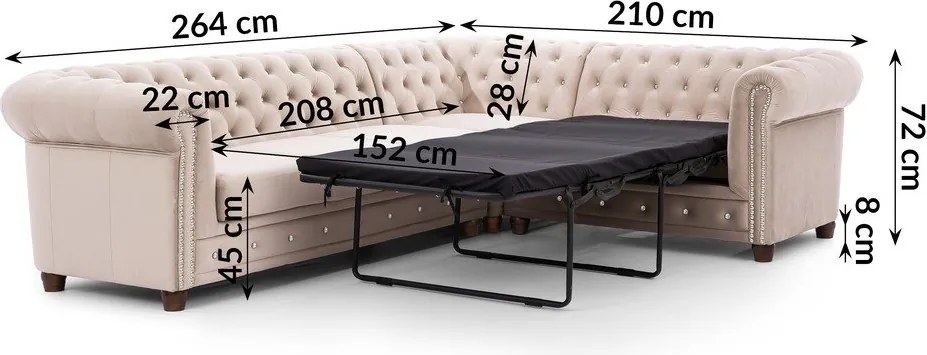 Beżowy aksamitny rozkładany narożnik (prawostronny/w kształcie litery L) York Blik – Ropez