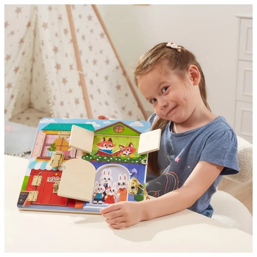 Viga drewniana tablica manipulacyjna otwieranie zamków i zatrzasków domek montessori