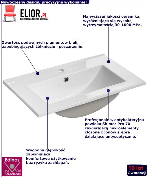 Biała prostokatna ceramiczna umywalka - Xarius 60 cm