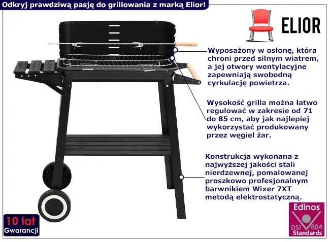 Czarny grill na kółkach z regulowaną wysokością rusztu T6-H16