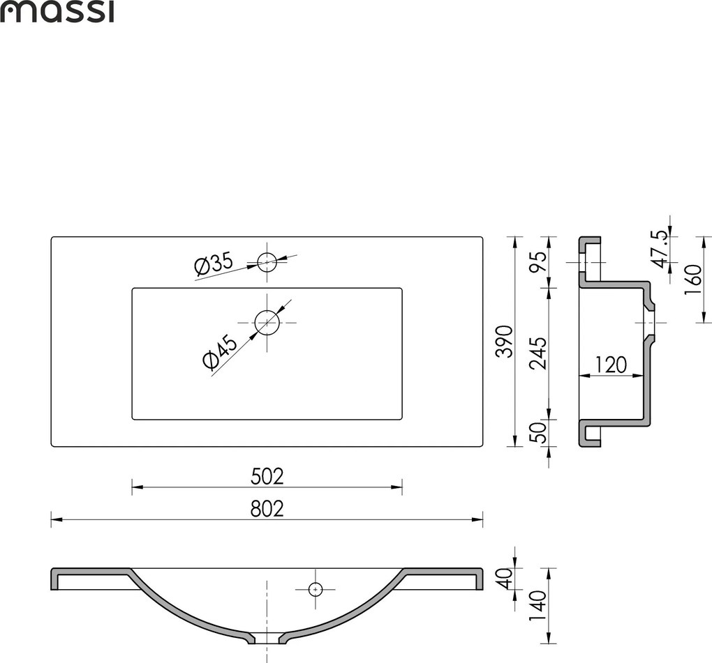 Umywalka wpuszczana w blat z konglomeratu WAVE 80 cm