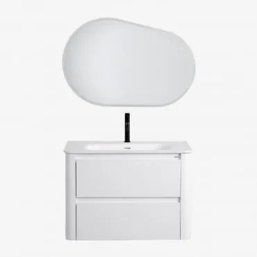 Zestaw Wiszących Mebli Łazienkowych Zintegrowany Z Umywalką Egerton Biała & Owalna Lampa Led I Przeciwmgielna 100x80 Cm - Sklum