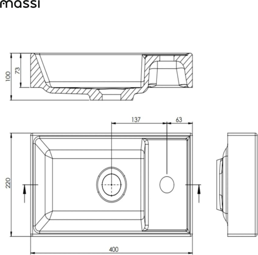 Umywalka z konglomeratu blatowa prostokątna biała NAVI | Różne rozmiary | Z otworem na baterię lub bez : Otwory na baterię - Jeden otwór, Rozmiar - 40 x 22 cm