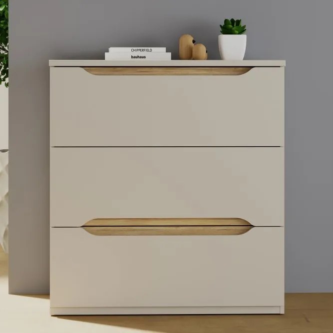 Nowoczesna komoda z 3 szufladami Edwal 212, kolor piaskowy/dąb Mauvella