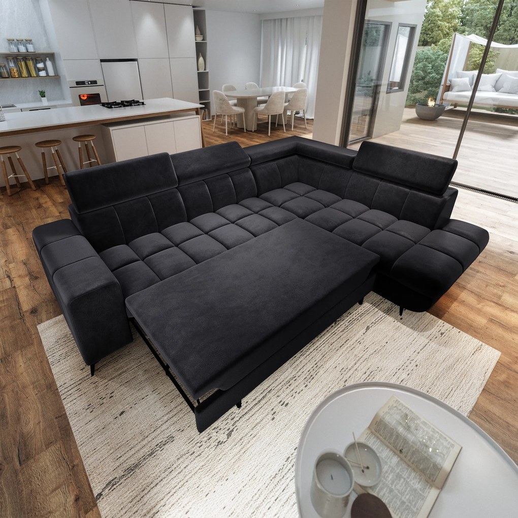 Masseno Narożnik MORIVA z funkcją spania i pojemnikiem na pościel Narozniki L, Rozkładana sofa - Czarny, MONOLITH 95
