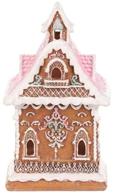 Dekoracja świąteczna Domek z piernika z różowym dachem, poliresin, LED, brązowy