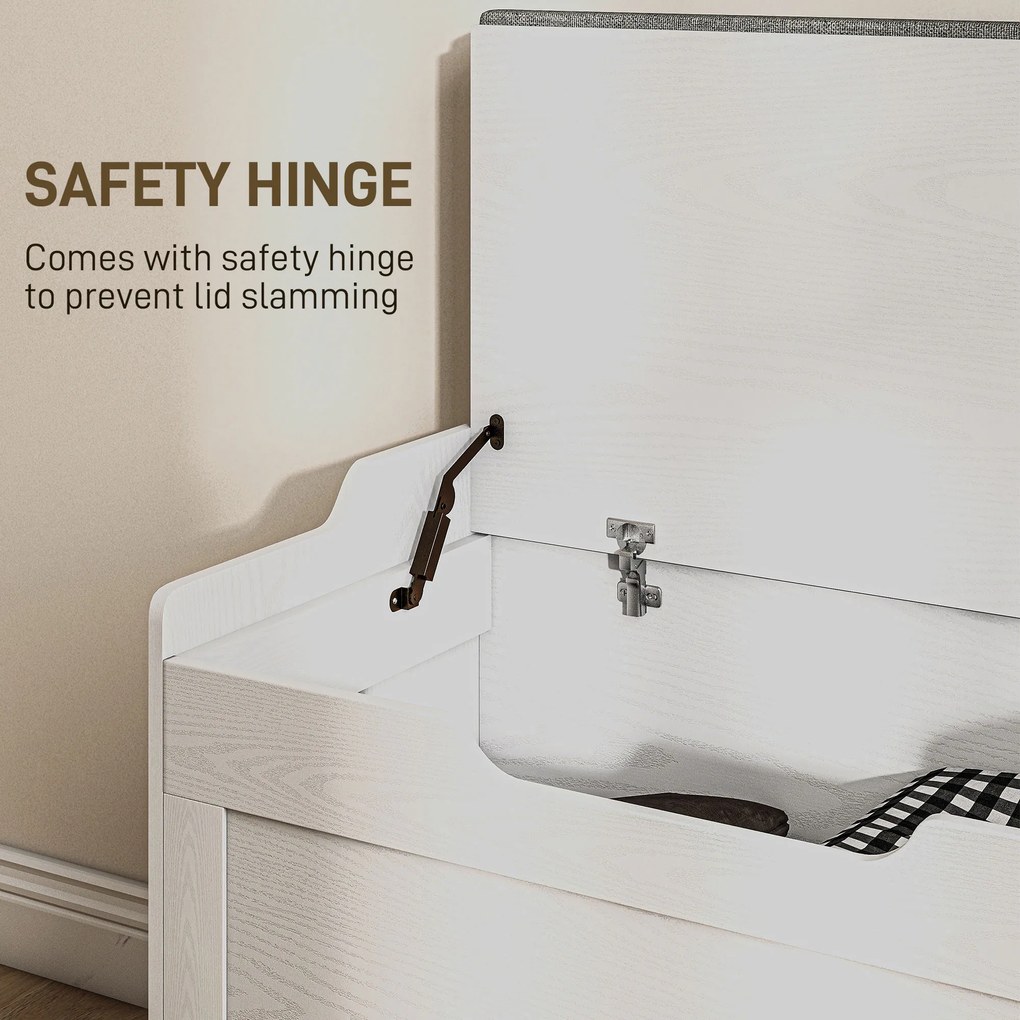 HOMCOM Skrzynia na przechowywanie 103 litry, ławka z miejscem na przechowywanie z zawiasem bezpieczeństwa, poduszką, do różnych pomieszczeń, Biały