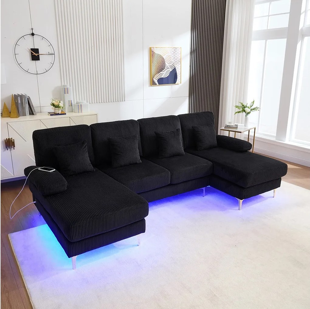 Sofa 4-osobowa z czarnego aksamitu z oświetleniem LED i portem USB - nowoczesny design w kształcie U