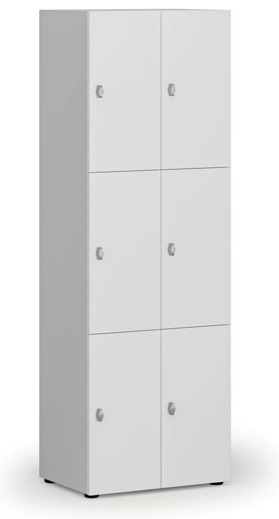 Drewniana szafka skrytkowa S4, 6 schowków, demontaż, zamek obrotowy, szary/biały