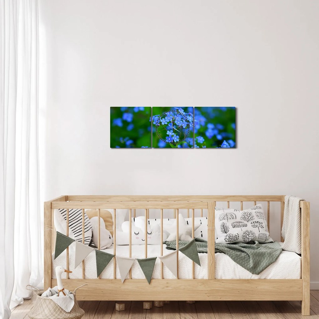 Obraz niebieskich kwiatów (z zegarem) (90x30 cm)