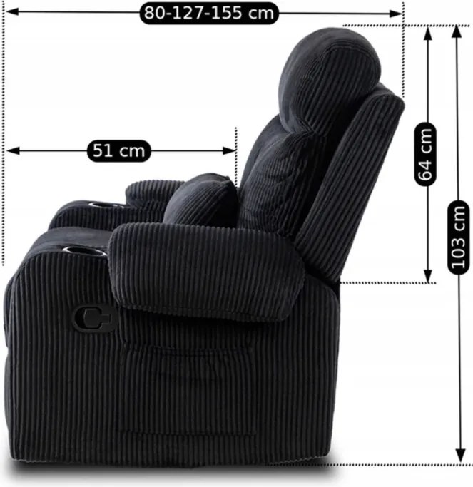 Fotel Rozkładany z Podnóżkiem TORRES Czarny Sztruksowy Nowoczesny