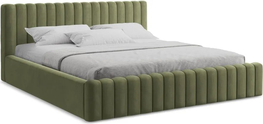 Zielone tapicerowane łóżko dwuosobowe ze schowkiem i stelażem 180x200 cm Lemi – Makamii