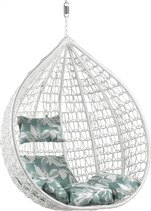 Białe wiszące krzesło KOKON bez stojaka, zielono-biała poduszka