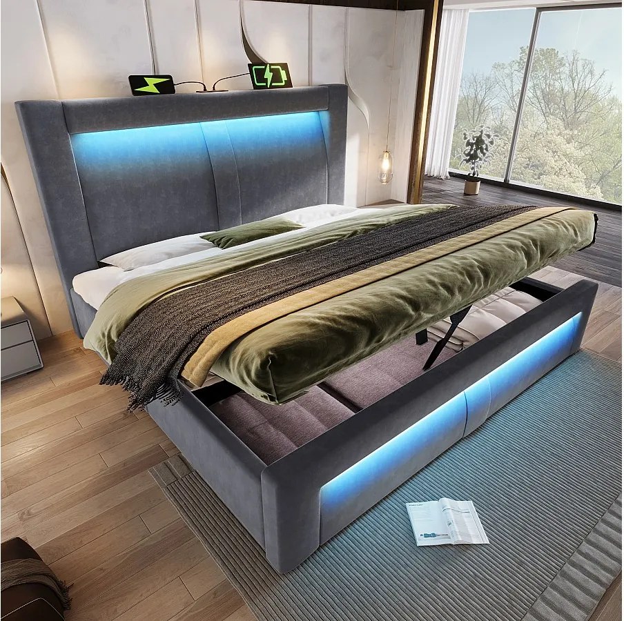 Łóżko podwójne ze schowkiem - 180 x 200 cm - z hydraulicznym stelażem + diody LED + port USB + zaokrąglony zagłówek - aksamitne - szare