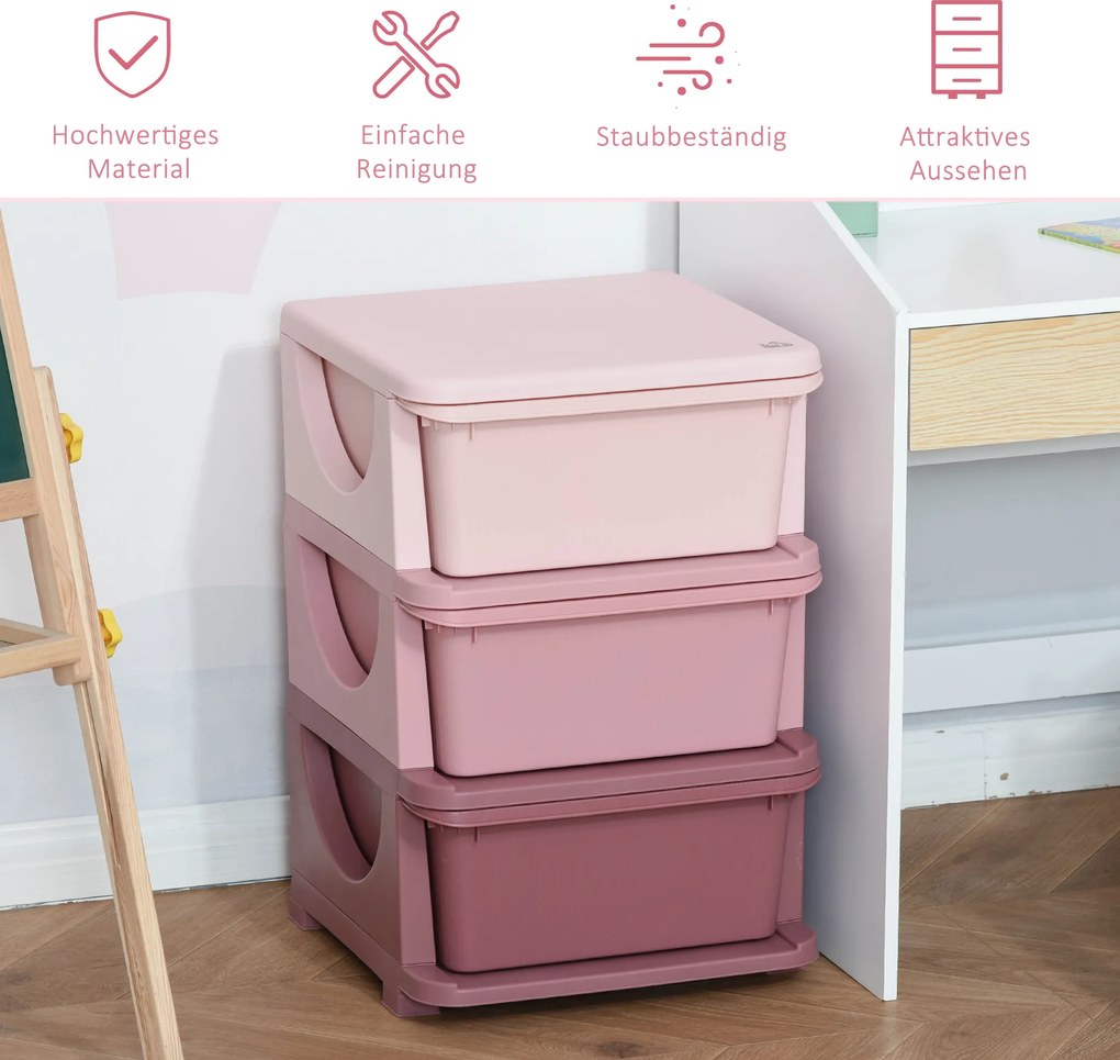 HOMCOM Pojemniki do przechowywania dla dzieci, 3 szuflady, zaokrąglone krawędzie, podwyższona konstrukcja, 37x37x56,5 cm, Różowy