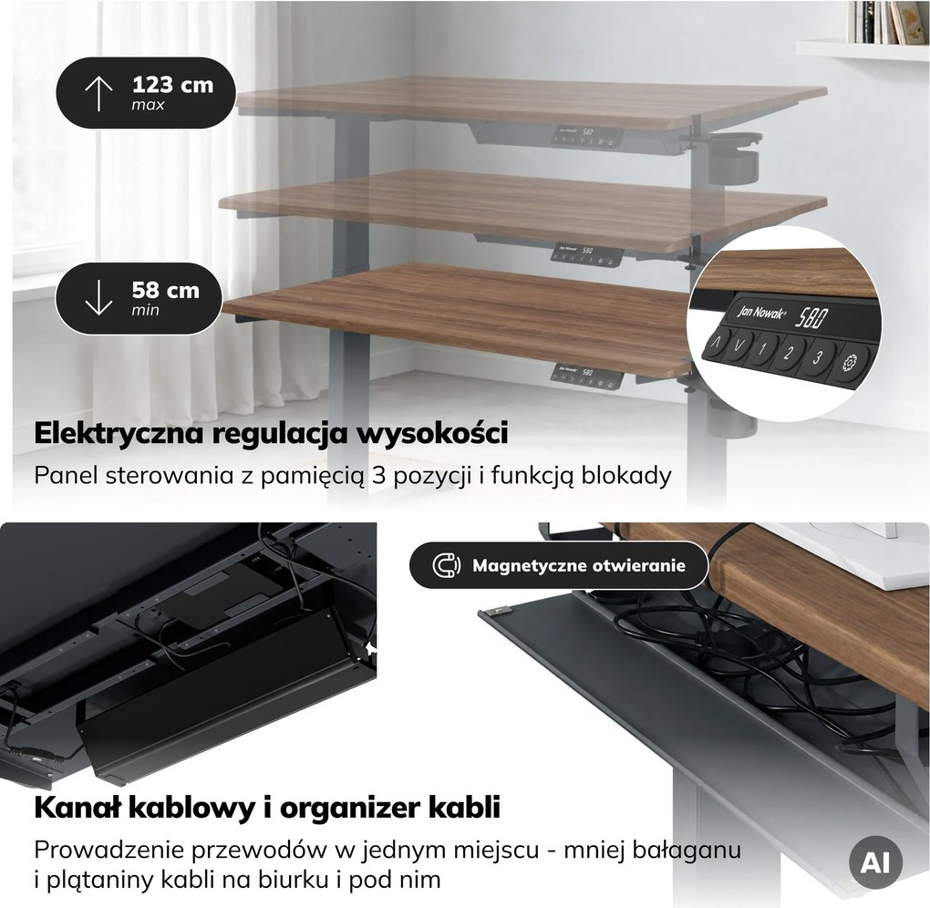 Biurko elektryczne z regulacją wysokości ergonomiczne antracytowe/orzech,1200x600 mm: ARIA