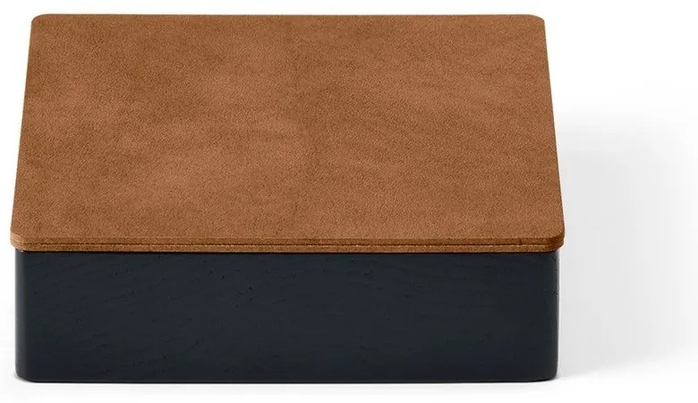 Czarno-naturalny drewniany/ze skóry ekologicznej pojemnik dekoracyjny z pokrywką 11x11x3,5 cm Square Nupo – LIND DNA