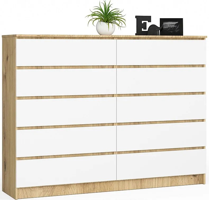 Komoda AKORD K160 Dąb Artisan 160 cm 10 szuflad kolor Biały mat 160x40x121 cm