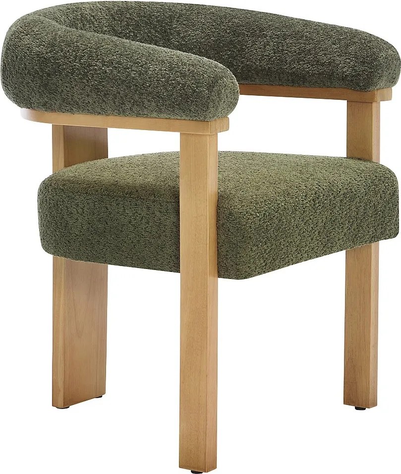 Krzesło z podłokietnikami w tkaninie Teddy i naturalnym drewnie Kauczukowiec - Khaki LIVELIA
