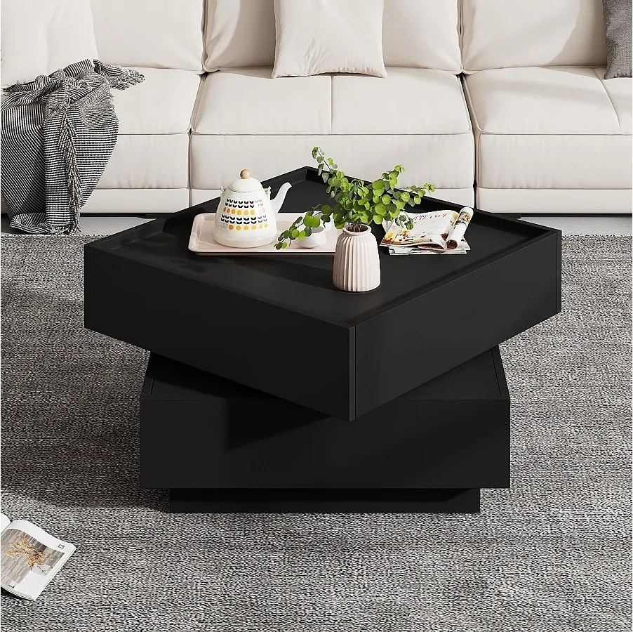 Kwadratowy stolik kawowy z obrotowym blatem i 2 szufladami, czarny - do salonu lub sypialni