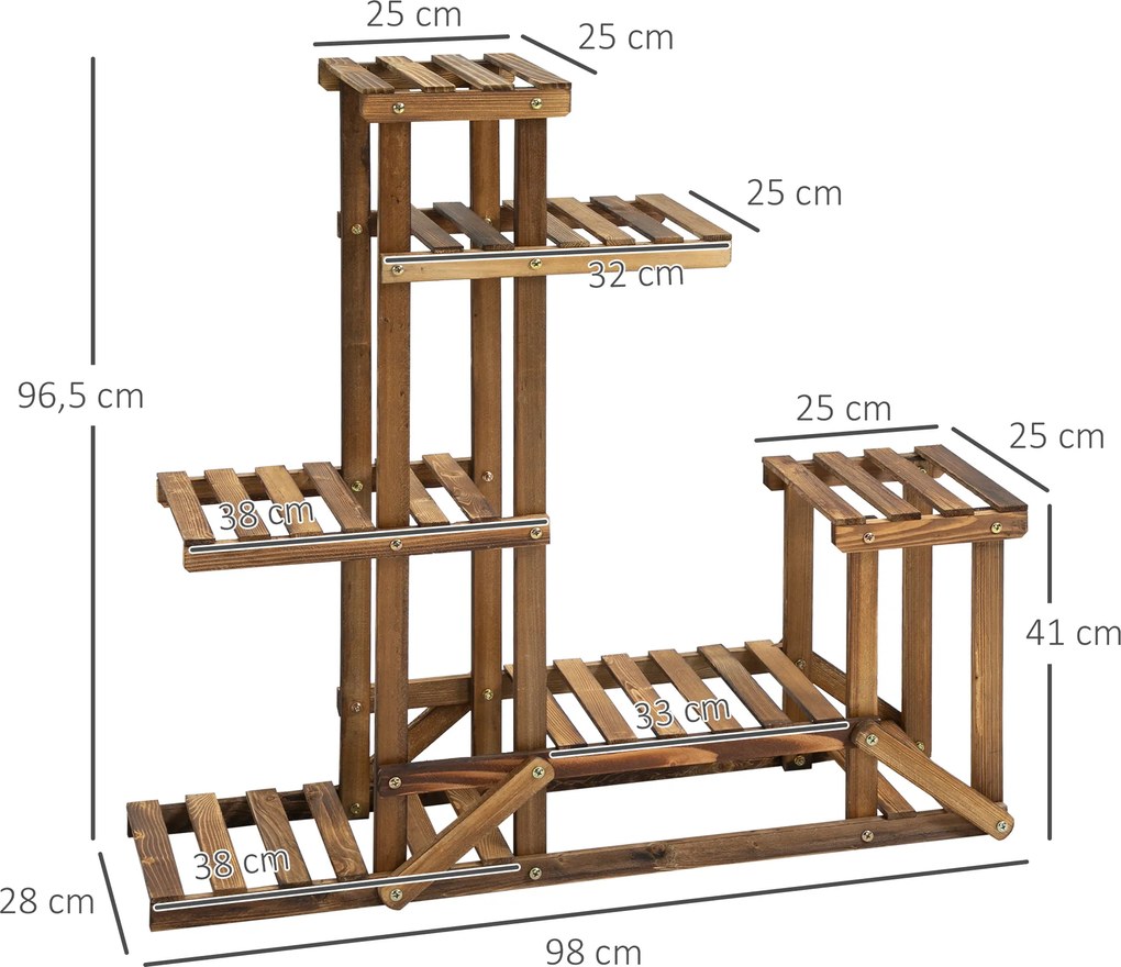 Outsunny Stojak na kwiaty 6 półek Drewniany kwietnik Karbonizowane drewno 98x28x96 5cm Dekoracja | Aosom PL