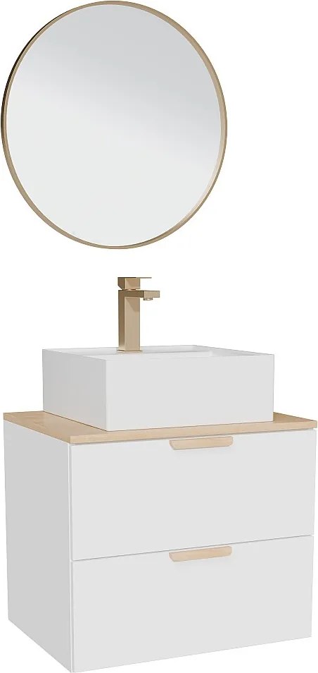 Wisząca szafka łazienkowa z umywalką wpuszczaną w blat kwadratową, baterią i lustrem – Biały – Szer.60 cm – AVORELI