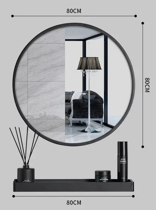 Czarne okrągłe lustro 80 cm z półką do łazienki - Traves