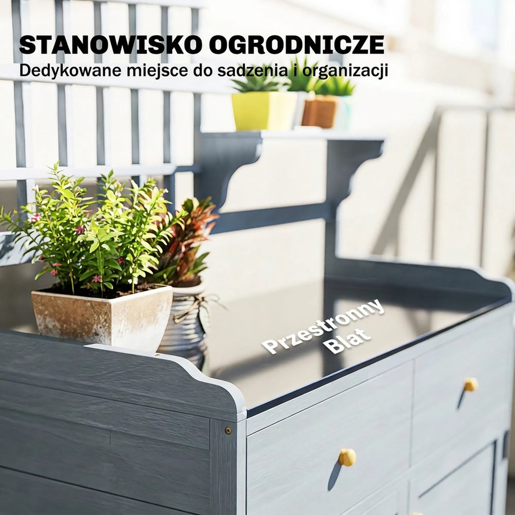 Outsunny Stół do sadzenia z szafką na zewnątrz, drewno, szafka ogrodowa z ocynkowaną powierzchnią roboczą, 2 szuflady, 104x44x140 cm jasnoszary | Aosom PL