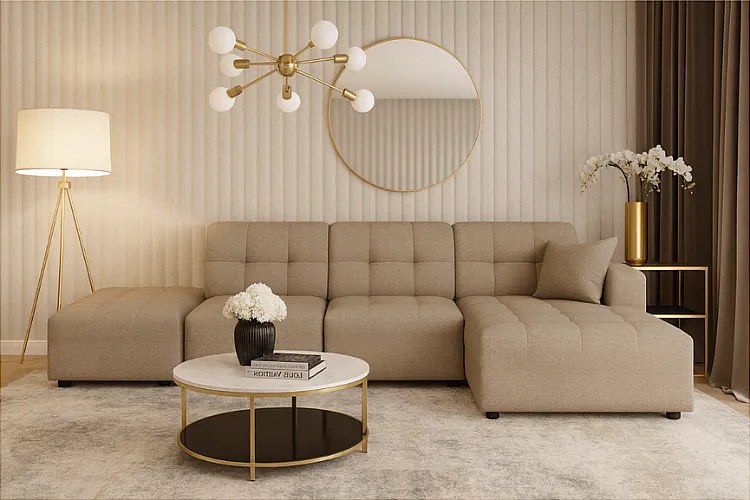 Narożnik z pufą prawostronny Bergamo B  – tkanina Raven 30 beżowa, 341×166×70 cm