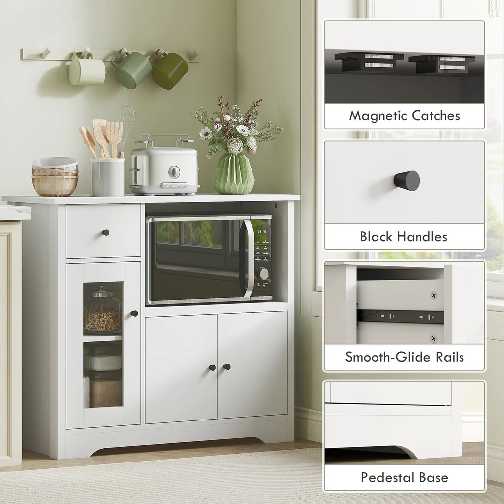 HOMCOM Szafka kuchenna z otworem na kable, Komoda z 2 szafkami, otwartą przegrodą, szufladą, 80 x 35 x 72,2 cm, Płyta wiórowa, Biały