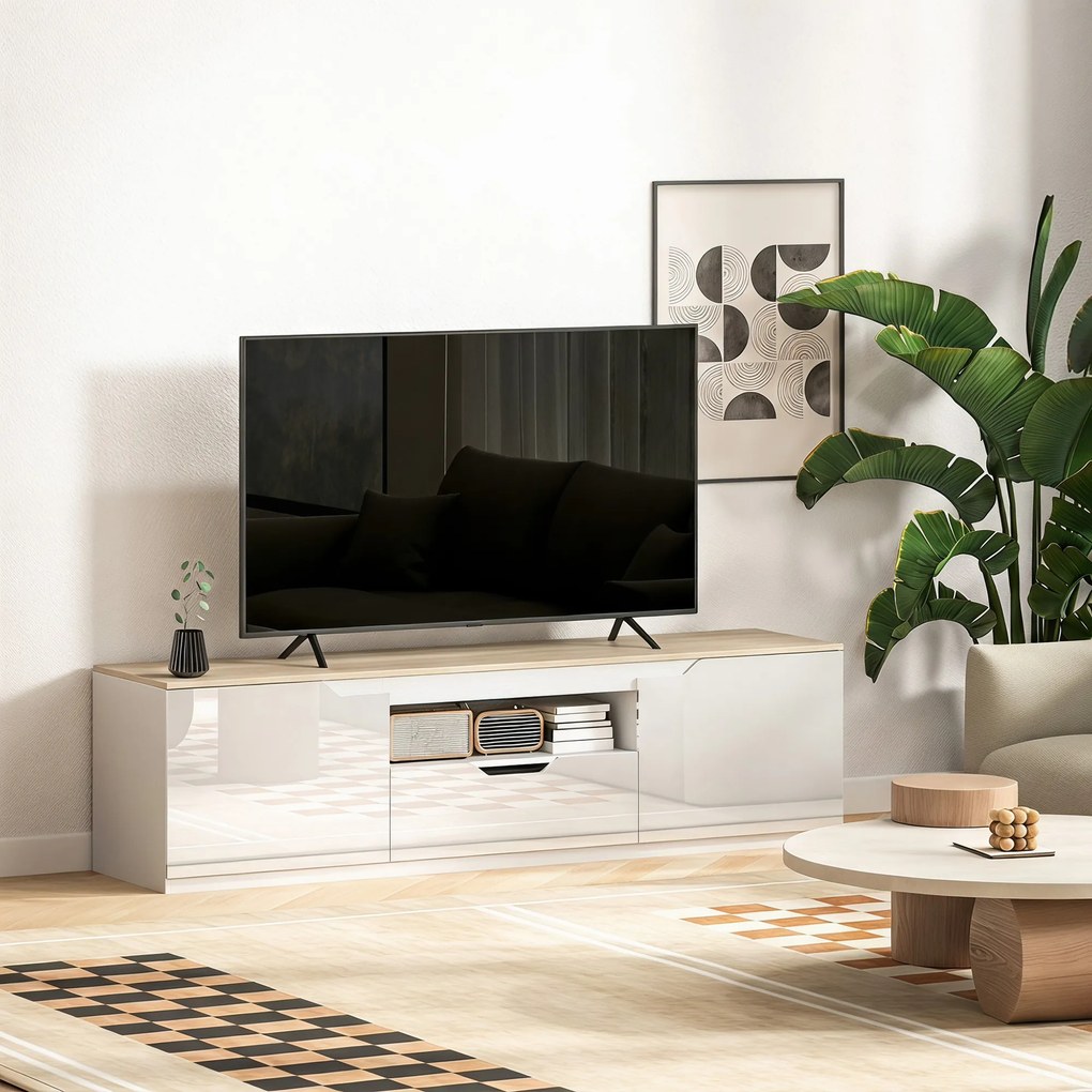 HOMCOM Lowboard TV, wysoki połysk, dla telewizorów do 165 cm, 3 schowki, szuflada, 160 x 38 x 43 cm, naturalne drewno | Aosom PL
