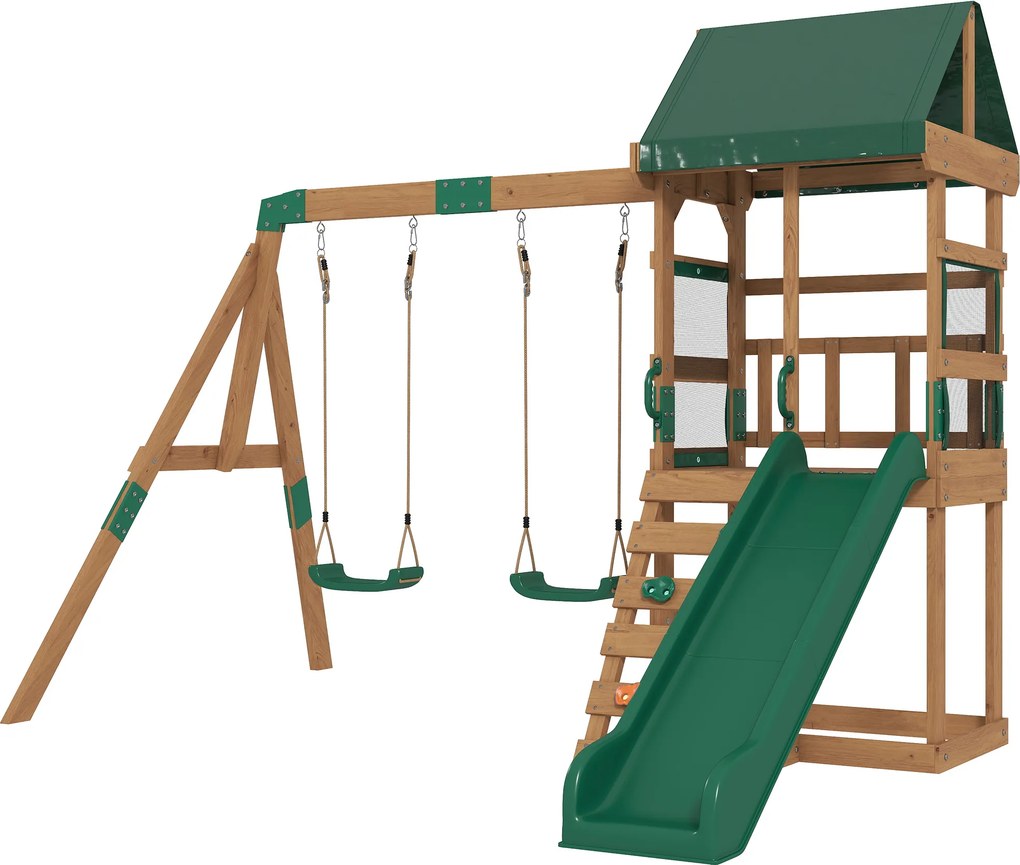 AIYAPLAY Wieża zabaw drewniana z huśtawkami i zjeżdżalnią 194,5 cm dla dzieci 3-8 lat 315x284x233 cm Zielony | Aosom PL