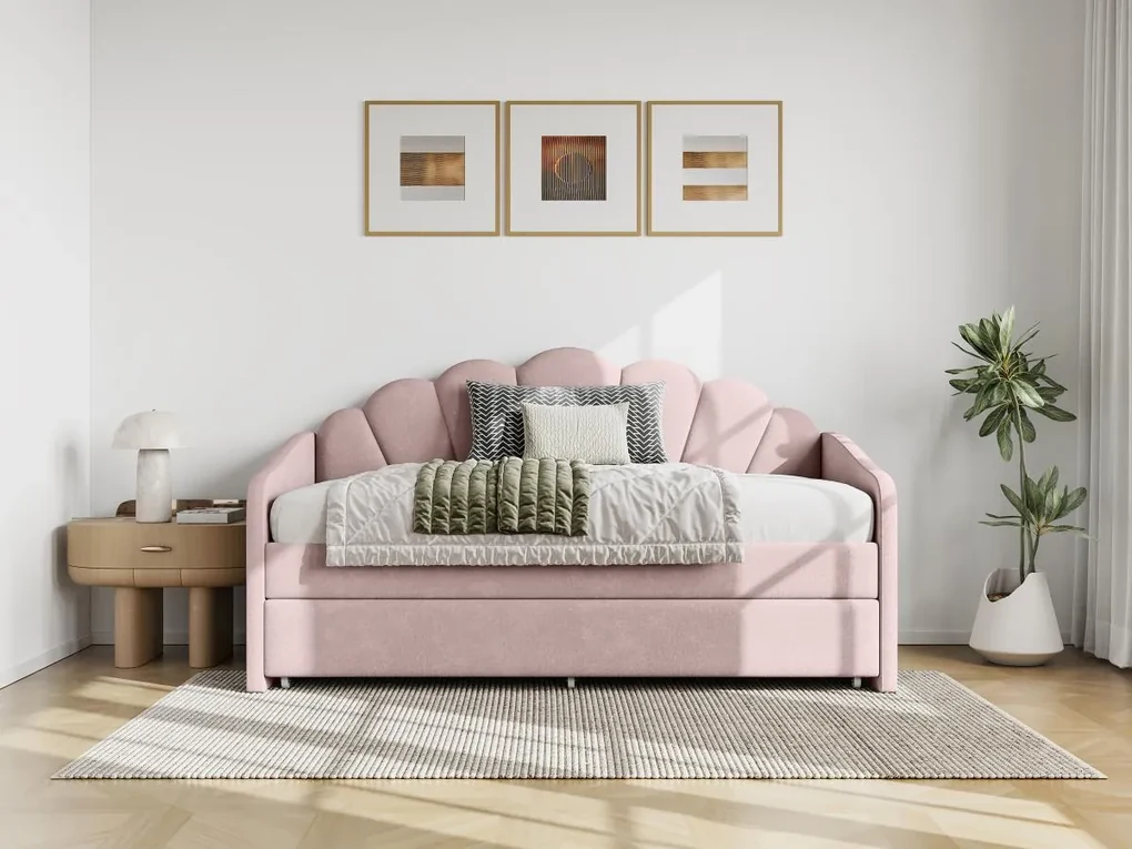 Łóżko wysuwane muszla 2 x 90 x 190 cm - Welur - Różowy - ELUSIA