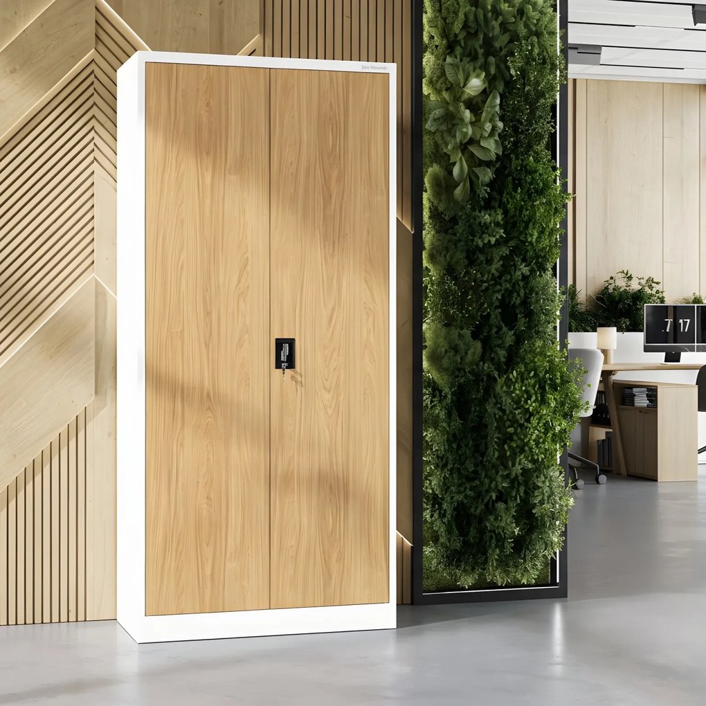 Szafa biurowa metalowa wysoka na dokumenty biała/złoty dąb, 900x1950x400 mm: JAN H Eco Design
