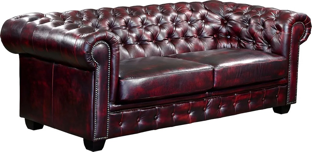 Kanapa 3-osobowa Chesterfield BRENTON 100% skóry bawolej - Kolor: cherry