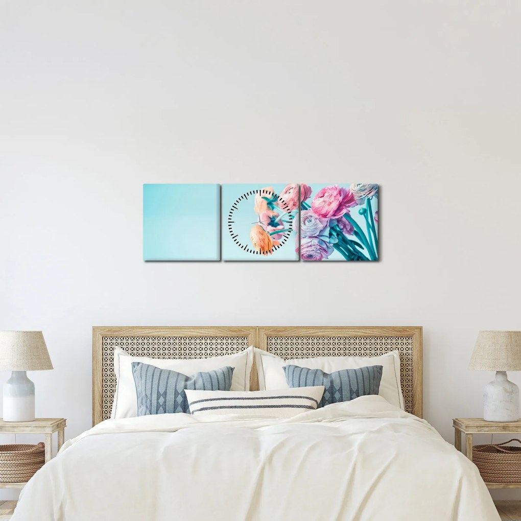 Obraz - Kwiaty w wazonie (z zegarem) (90x30 cm)