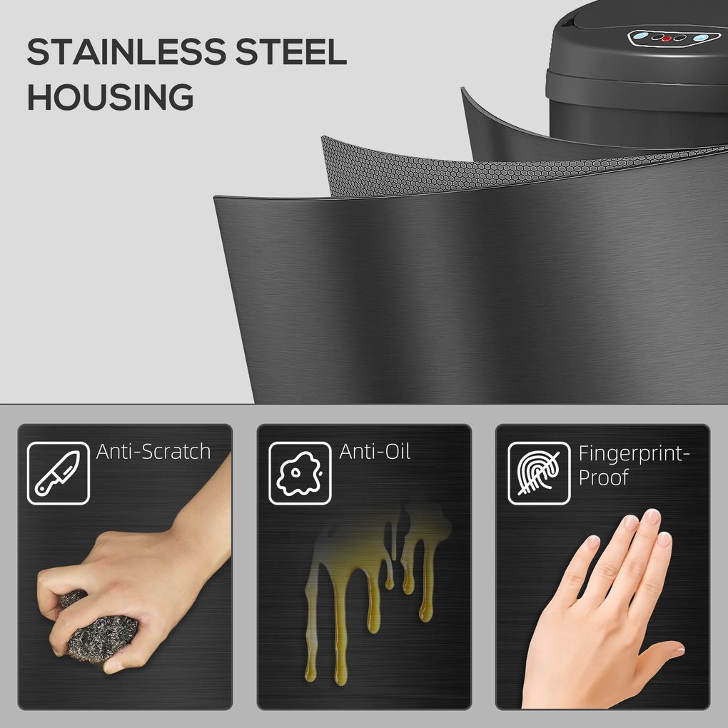 HOMCOM Kosz na śmieci z czujnikiem 42 L z funkcją Soft-Close, bezdotykowy kosz ze stali nierdzewnej idealny do higienicznych kuchni.