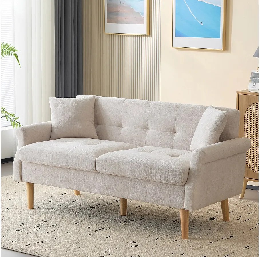 Sofa 2-osobowa z podłokietnikami i poduszkami, beżowy szenil, drewniane nogi - do salonu i sypialni