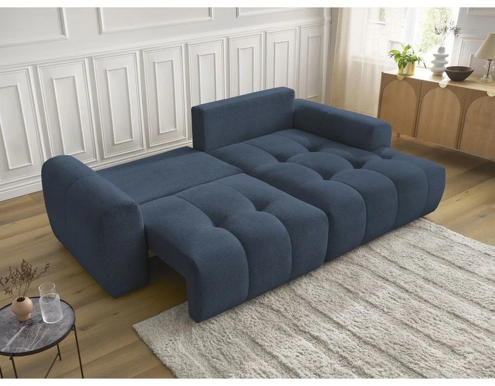 Niebieski rozkładany narożnik z tkaniny szenilowej ze schowkiem (prawostronny/z szezlongiem) Roxelane – Bobochic Paris