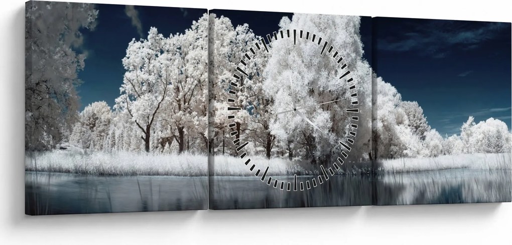 Obraz - Śnieżnobiałe drzewa (z zegarem) (90x30 cm)