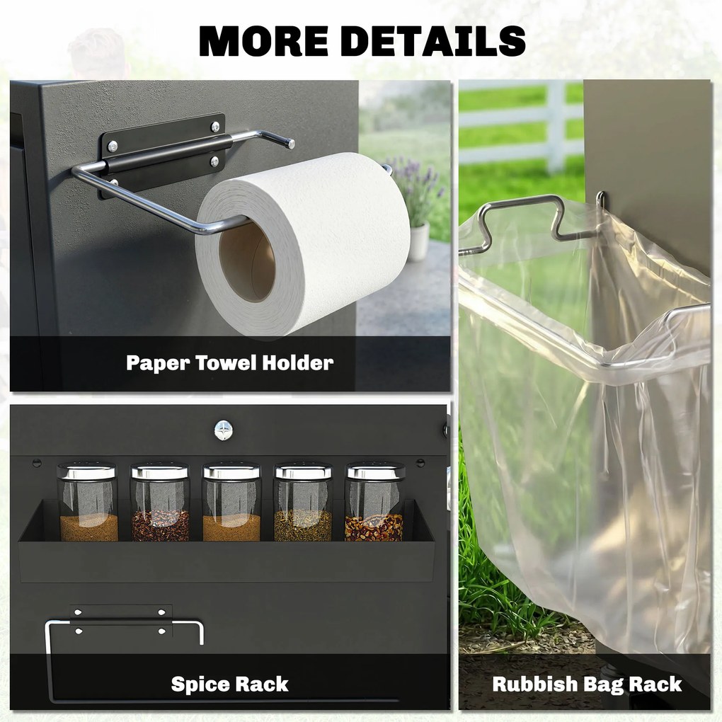 Outsunny Wózek grillowy 5-poziomowy stolik grillowy ze stalową powierzchnią roboczą, regulowane półki, szuflada, kółka, uchwyt na przyprawy i ręczniki | Aosom PL