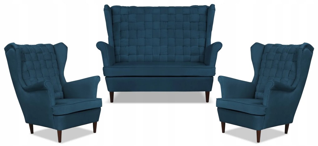 Zestaw wypoczynkowy Carol sofa fotele paski Family Meble granatowy