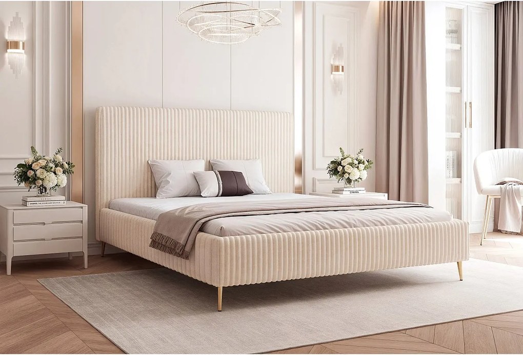 BESILIO Łóżko do sypialni 160x200 Vienna II - Łóżko z pojemnikiem, łóżko slim, wysokie złote nogi, stelaż listwowy - Tkanina miękki sztuks - Kremowy