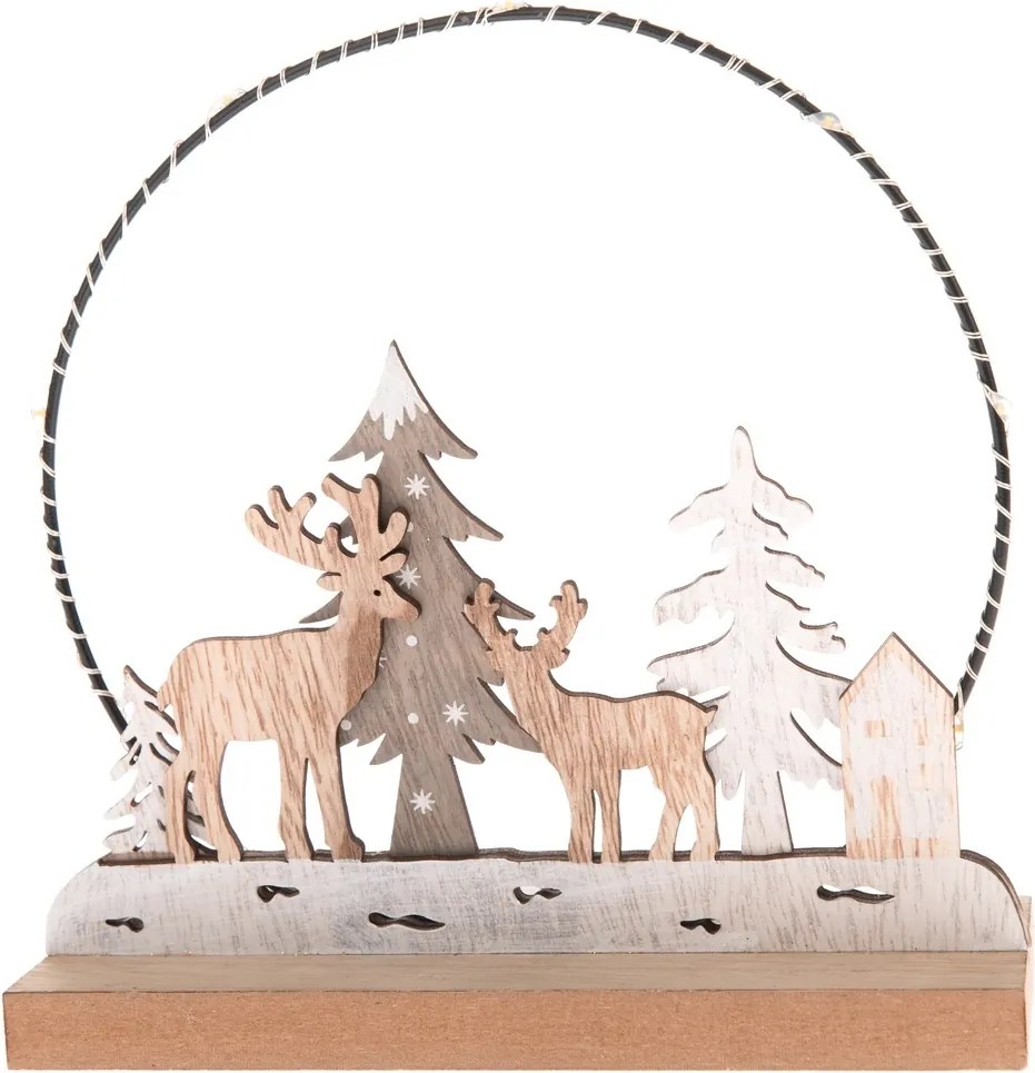 Drewniana dekoracja świąteczna z lampką LED Deer forest, 16 x 16 x 6 cm
