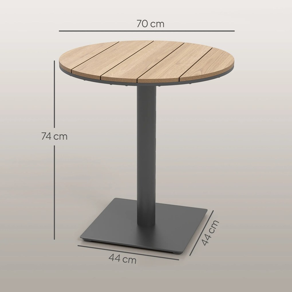Outsunny Stół Ogrodowy Ø70 cm, Odporny na Warunki Atmosferyczne, Okrągły Balkonowy z Lamelami, Stalowy Ø70 x 74H cm, Drewno Naturalne