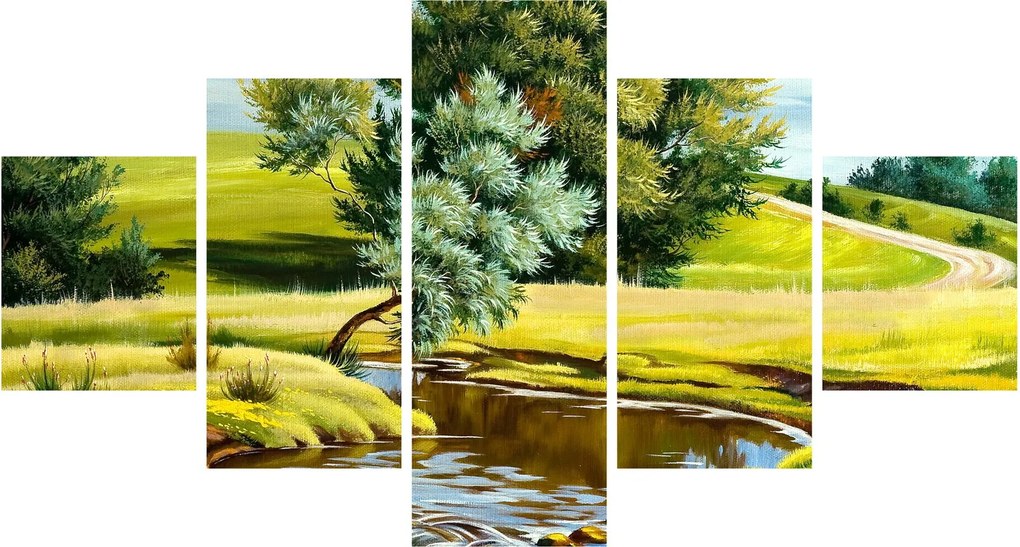 Obraz - rzeka między łąkami, obraz olejny (125x70 cm)