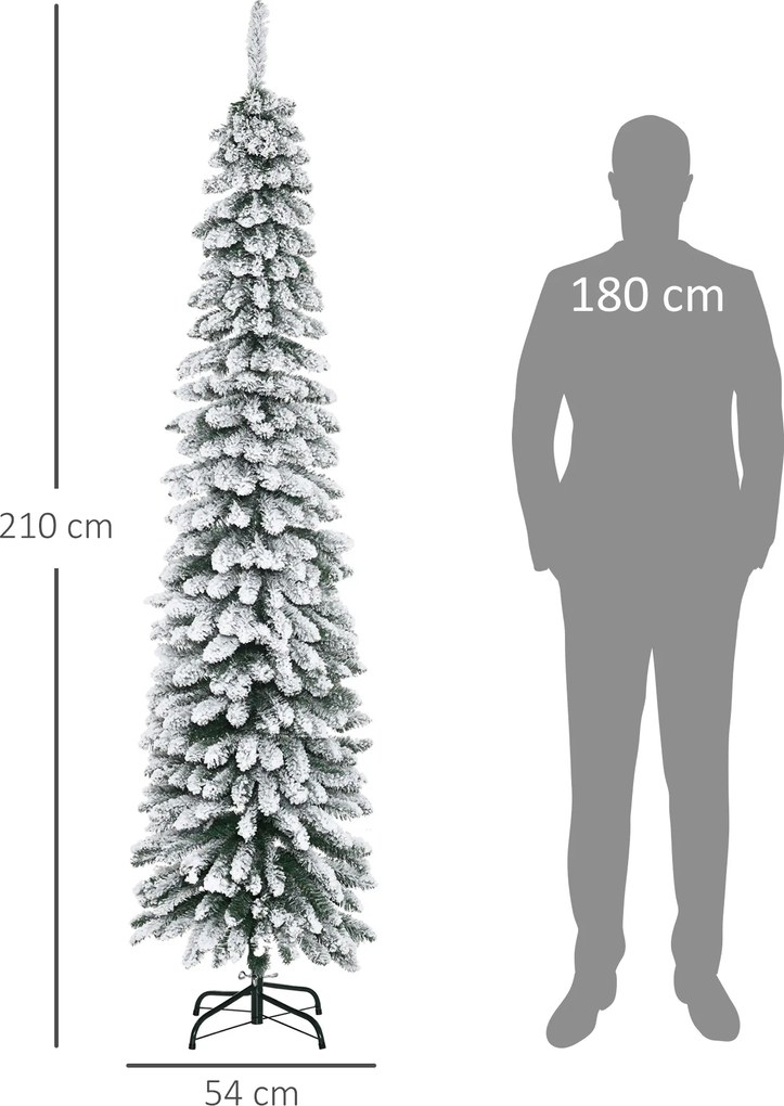 HOMCOM Sztuczna Choinka Świąteczna z Efektem Śniegu, Wąska Konstrukcja, Niepalne Gałęzie, 210 cm, Zielony/Biały | Aosom PL