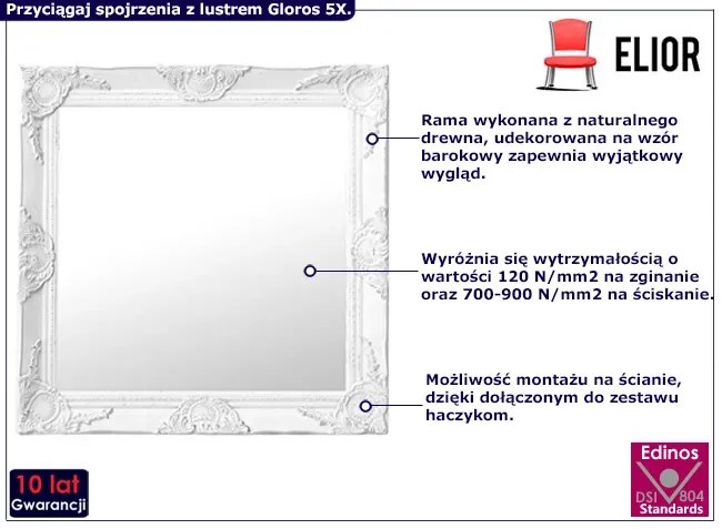 Białe kwadratowe lustro w rustykalnej ramie - Gloros 5X